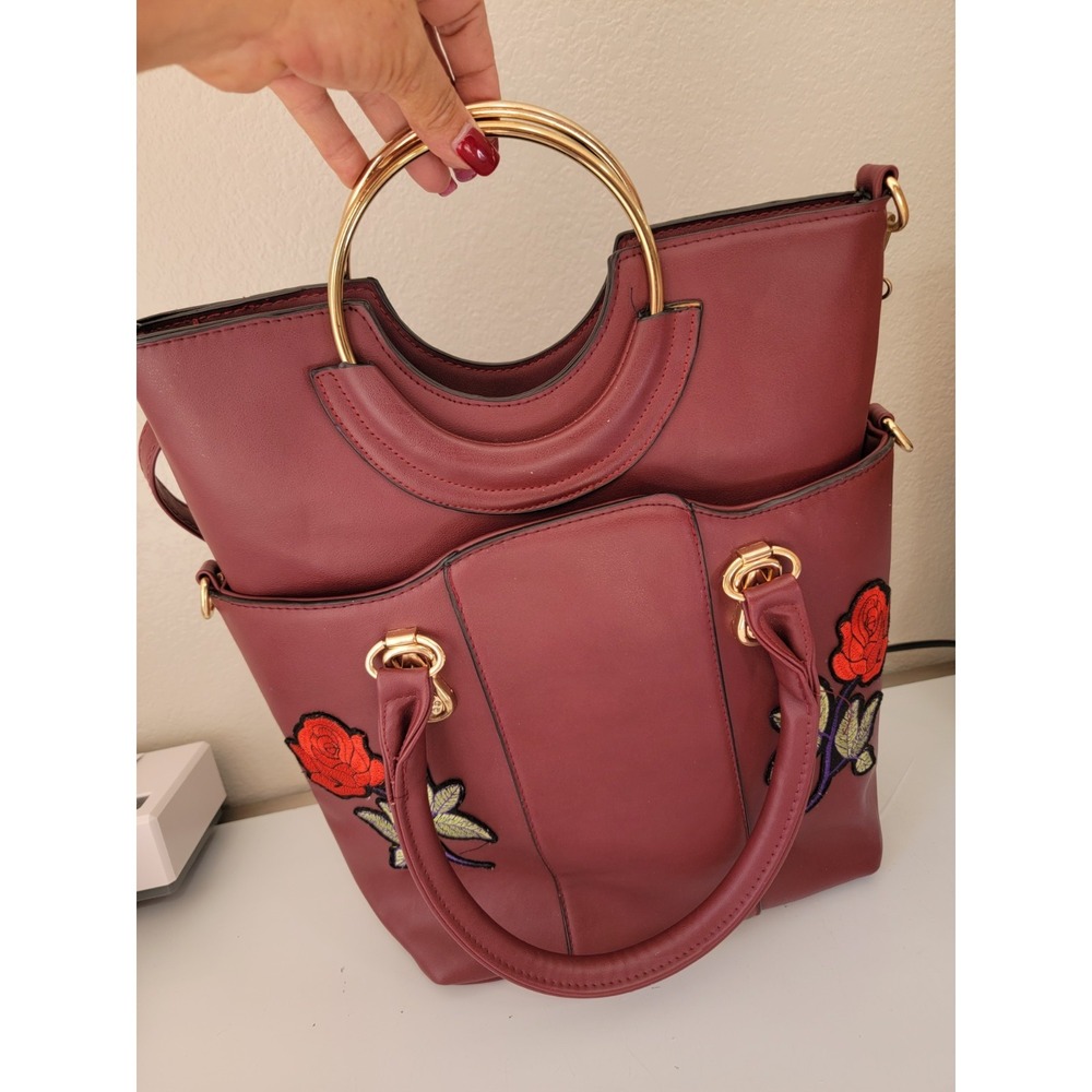 Vintage Women's Burgundy Floral Embroidered 2-Piece Handbag Set Gold Tone - Picture 2 of 11